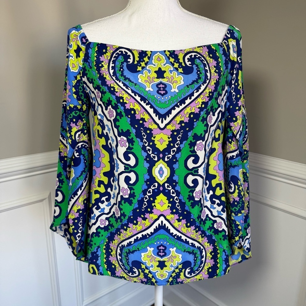 Alice & Trixie Blue Green Vibrant Off Shoulder 100% Silk Blouse Size XS